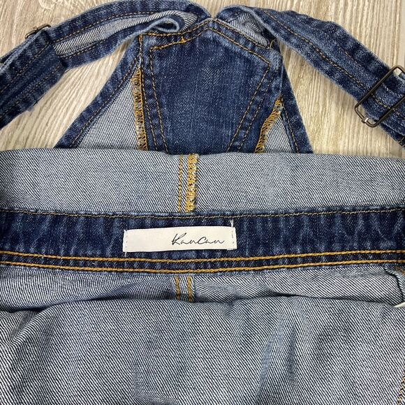KanCan Easton Mid Rise Overall Shorts Size Large Dark Wash Distressed Pockets KC - Picture 7 of 8